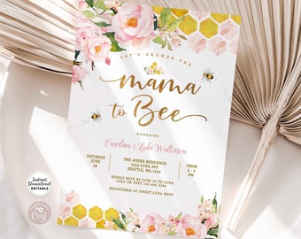 Editable Pink Floral Gold Mama to Bee Baby Shower Invitation Bee Baby Sprinkle Invites Printable Template Instant Download 1574V2 (6)