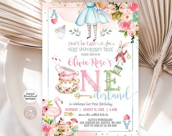 May include: Alice in Wonderland themed first birthday party invitation with a pink, blue, and green color scheme. The invitation features a watercolor illustration of Alice, the Mad Hatter, the White Rabbit, and other characters from the book. The text on the invitation reads "Don't be late for a very important date. Please join us in Olivia Rose's Wonderland to celebrate her first birthday. Saturday, August 10, 20XX, 2-4 PM. Down the rabbit hole to Olivia's Wonderland, 1258 Lunaton Ave, Seattle, WA 12555. RSVP to Luna at 125 569 8569."