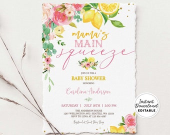 May include: A printable baby shower invitation with a watercolor design featuring lemons, pink flowers, and greenery. The text reads "mama's main squeeze" and includes details for the event, such as the date, time, location, and RSVP information.