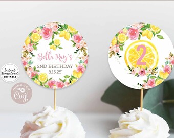 Bearbeitbarer 2" Zitronen-Cupcake-Topper, rosa Limonade, Geburtstag, Babyparty, Streuseln, rosa Cupcake-Topper-Vorlage, sofortiger Download 157KID