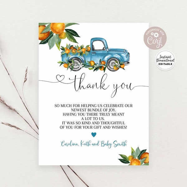 Editable Orange Blue Pickup Truck Baby Shower A2 (5.5x4.25") Thank You Flat Card Editable Template / Instant Download 160V7