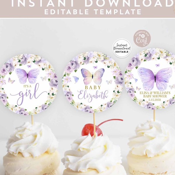 Editable 2" Purple Lavender Butterfly Cupcake Topper Baby Shower Birthday Baby Sprinkle Cupcake Toppers Template Instant Download 554BB