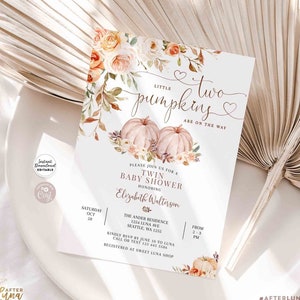 Bearbeitbare TWINS Herbst Kürbis Baby Shower Sprinkle Einladung Mädchen Mauve Herbst Herbst Baby Shower Vorlage Sofortiger Download 29V12 (1)