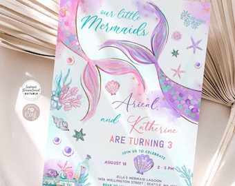 May include: A printable mermaid-themed birthday invitation with a watercolour background. The invitation features two mermaid tails, seashells, and stars. The text reads "our little mermaids Arical and Katherine are turning 3. Join us to celebrate August 18, 2-5 PM. Ella's Mermaid Lagoon 1456 Wellington Street Seattle, WA 12556 RSVP to Luna by July 8 at 125 456 4588 Remember to bring your towel #AfterLunaStudio After Luna Studio"