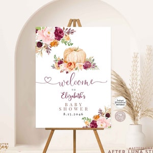 Editable Burgundy Pink Fall Pumpkin Baby Shower Sprinkle Bridal Couple Wedding Welcome Yard Sign Template Instant Download AL28