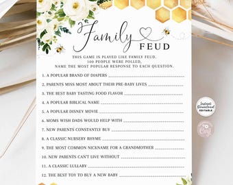 Editable Bee Personalized Baby Family Feud Game What Will Baby Bee Gender Neutral Reveal Game Printable Instant Download 845V1
