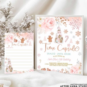 Cápsula do Tempo de Inverno Rosa Rosa Ouro Rosa Blush Editável Primeiro Aniversário Lembrança Imprimível Download Instantâneo 154