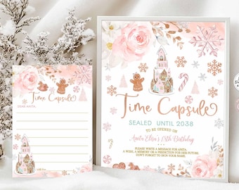 May include: A pink and gold printable time capsule sign with a gingerbread house illustration and the text "Time Capsule Sealed Until 2038 To Be Opened On Anita Elise's 18th Birthday Please Write A Message For Anita A Wish, A Memory Or A Prediction For Her Future Don't Forget To Sign Your Name #AfterLunaStudio After Luna Studio".