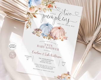 Twins Boy Girl Fall Baby Shower Invitation: Blue Mauve Pumpkins Invite Template 29V11