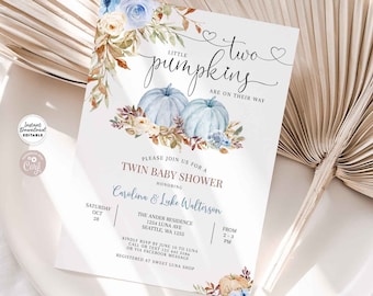 Editable TWINS Fall Blue Pumpkin Baby Shower Sprinkle Invitation Boy Blue Fall Autumn Baby Shower Template Instant Download 29V8