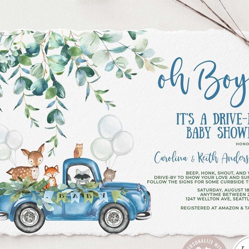 Editable Woodland Drive By Baby Shower Parade Invitation Boy Blue