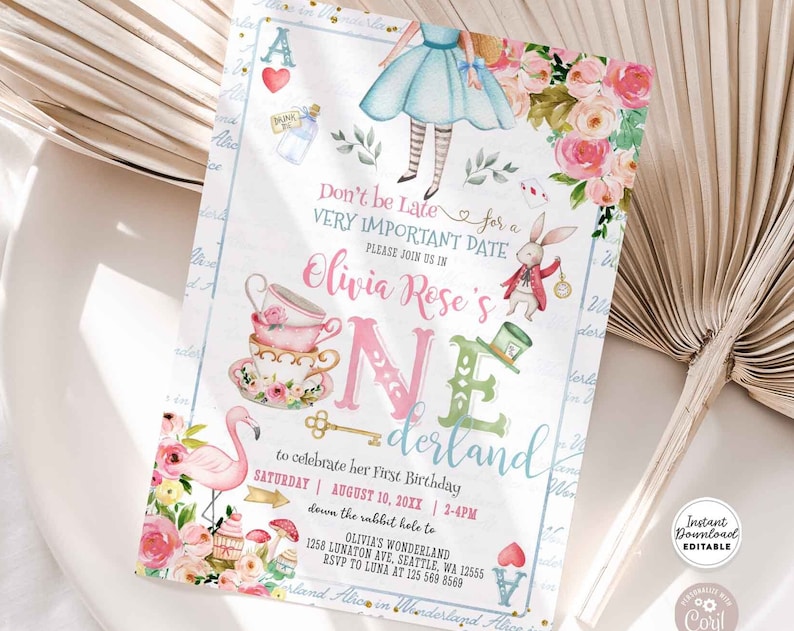 Editable Alice in Wonderland Invitation Alice in Onederland 1st Birthday Mad Tea Party Invite Printable Template Instant