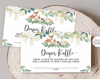 Editable Greenery Gold Woodland Animal Diaper Raffle Ticket Printable Gender Neutral Boy Raffle Template Instant Download 447V1