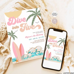Editable Dive into Five Girl Surfing 5th Birthday Party Invitation Pink Peach Surf Surfboard Beach Party Invite Instant Download 630K3 (5)
