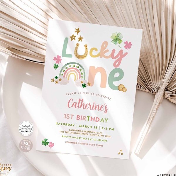 Editable Pink Lucky One Shamrock Pastel Rainbow Birthday Invitation Irish St Patrick Day 1st Birthday Invite Template Instant Download 262K1