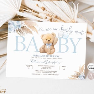 Editierbare Blaue Pampas Gras We Can Bearly Wait Blue Boy Boho Teddybär Baby Shower Einladung Einladung Vorlage Instant Download 904V3 (2)