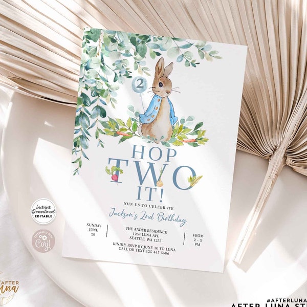 Editable Hop TWO It Peter Rabbit 2nd Birthday Invitation Boy Bunny Rabbit Birthday Invite Printable Template Instant Download 1455K1 (2-1)