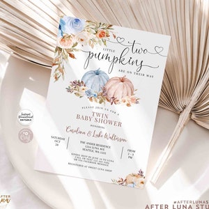 Editable TWINS BOY GIRL Fall Blue Mauve Pumpkin Baby Shower Sprinkle Invitation Boy Girl Fall Baby Shower Template Instant Download 29V11