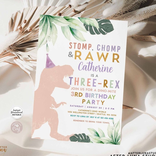 Editable Three Rex Invitation Dino Dinosaur T Rex Pink Lavender Gold 3rd Birthday Invitation Printable Template Instant Download 244V2 (1)