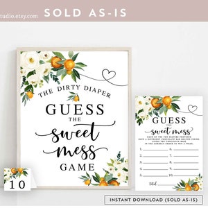 Orange Citrus Dirty Diaper Guess the Sweet Mess White Floral A Little Cutie is on the Way Orange Games Printable Instant Download 248V1
