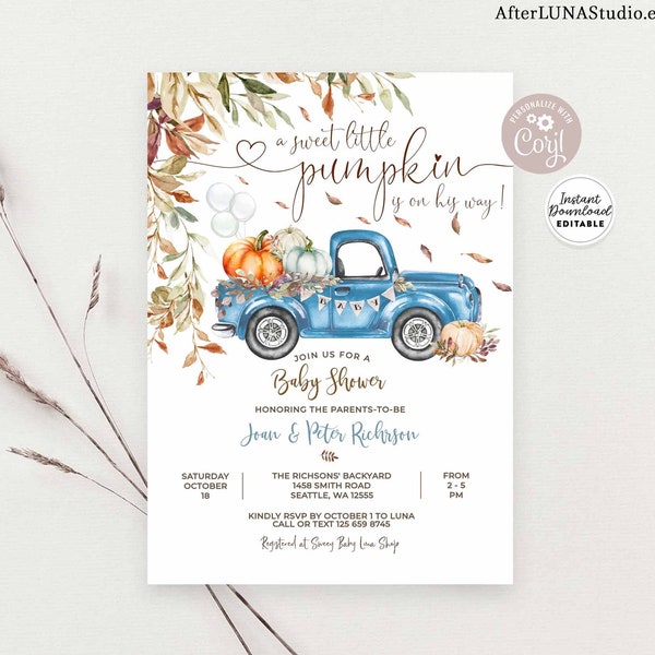 Editable Fall Blue Pumpkin Pickup Truck Baby Shower Baby Sprinkle Invitation Boy Autumn Baby Shower Template Instant Download 1261V1 (3)