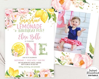 Editable Lemonade First Birthday Invitation Pink Lemon Birthday Invitation Sunshine Lemonade and Fun Photo Invite Instant Download AL1490