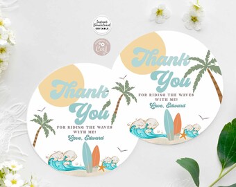 May include: Two round, beach-themed thank you cards with the text "Thank You" in a retro font. The cards feature palm trees, surfboards, waves, and the text "For riding the waves with me! Love, Edward."