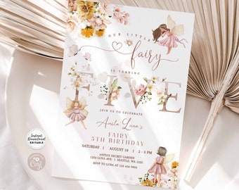 May include: A printable invitation with the text "Our Little Fairy is Turning Five" featuring a fairy illustration and floral accents. The invitation includes event details and the text "Instant Download Editable Template."