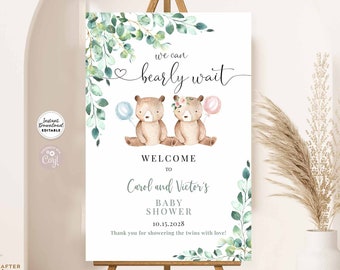 Redigerbar tvillingpojkeflicka tvillingar nallebjörn babyshower babyströssel välkomstskylt trädgårdsskylt mall direktnedladdning 1432V4 (2)
