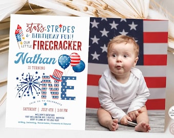 Editable 4th of July First Birthday Photo Invitation Firecracker Boy Blue Red Fourth of July Birthday Invitation Instant Download AL1477