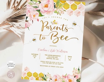 Editable Pink Floral Gold Parents to Bee Baby Shower Invitation Bee Baby Sprinkle Invites Printable Template Instant Download 1574V2 (5)
