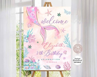 May include: A printable mermaid-themed birthday party sign with a pink and purple color scheme. The sign features a mermaid tail, seashells, starfish, and coral. The text on the sign reads "Welcome to Elizabeth's 5th Birthday Celebration 8.15.20XX".