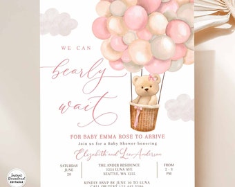May include: Pink and beige watercolor balloon hot air balloon with a teddy bear in a basket. The text "We can barely wait" is written in pink cursive. The text "For Baby Emma Rose to Arrive" is written in black. The text "Join us for a Baby Shower honoring Elizabeth and Leo Anderson" is written in black. The text "Saturday June 28 From 2-3 PM" is written in black. The text "The Ander Residence 1254 Luna Ave Seattle, WA 1255" is written in black. The text "Kindly RSVP by June 10 to Luna Call or Text 125 445 5586 Registered at Sweet Luna Baby Shop" is written in black.