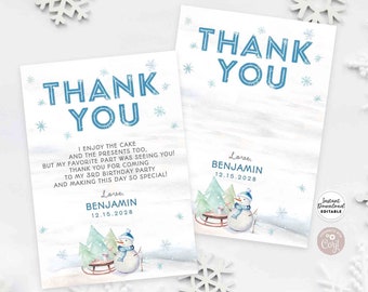 Editable Snowman Winter Birthday Thank You Flat Note Card Boy Snow Much Fun To Be One Thank You Template Instant Download 57K1