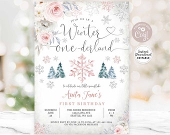 Editable Winter ONEderland OneDerland Pink Gray Silver Snowflake Snowy First Birthday Party Template Instant Download K62V2