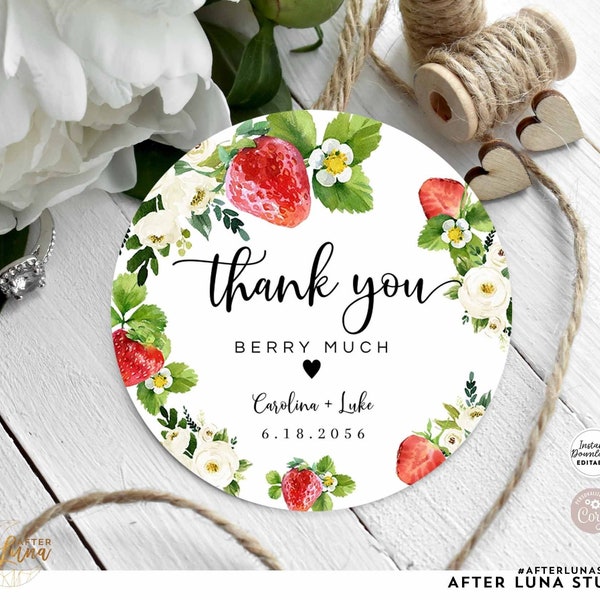 Editable Strawberry Berry Sweet Baby Shower Thank You Berry Much Favor Gift Tag Favor Round Sticker Template Instant Download 236V1