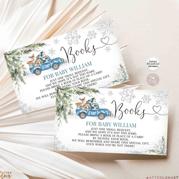 Editable Winter Blue Truck Woodland Baby Shower Book Request Insert Winter Bring A Book Insert Card Template Instant Download 1319V3