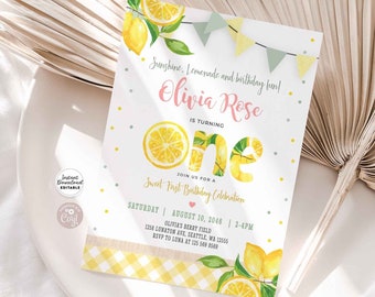 Editable Lemon 1st Birthday Lemon Lemonade Birthday Picnic First Birthday Sweet First Birthday Invite Invites Instant Download 291