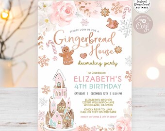 Editable Gingerbread House Decorating Birthday invitation Pink Rose Gold Gingerbread Girl Birthday Invite Template Instant Download 154 (2)