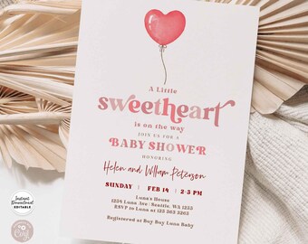 Editable Modern Girl Sweetheart Valentine Baby Shower Sprinkle Little Sweetheart Invite Printable Instant Download 930V1 (1)