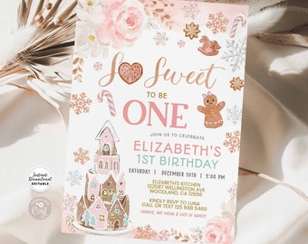 Editable So Sweet Gingerbread Cookie Decorating Birthday invitation Pink Rose Gold Winter Birthday Invite Template Instant Download 154 (6)