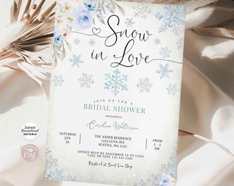 May include: A printable bridal shower invitation template with the text "Snow in Love." The design features watercolor snowflakes and floral accents in shades of blue and white. The invitation includes event details and RSVP information.