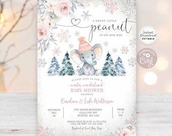 Editable Winter Snowflake Pink Elephant Baby Shower Invitation Girl Little Peanut Invite Template Instant Download 19V3 (1)