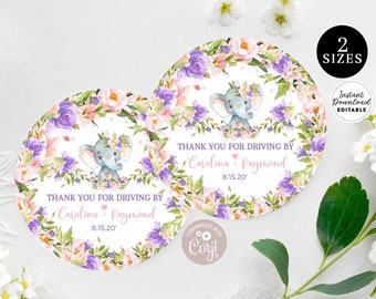 Editable 2" & 2.5" Pink Purple Elephant Drive By Shower Stickers Digital Circle Round Tag Drive Through Shower Tag Instant Download AL100