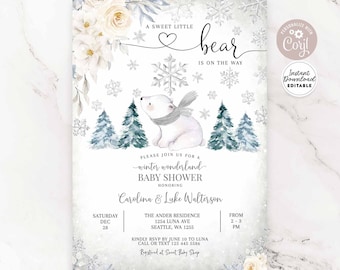 Editable Snowflake Polar Bear Winter Wonderland Baby Shower Invitation Gender Neutral Little Cub Invite Template Instant Download 887V1 (1)