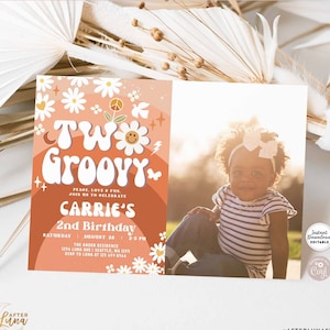 May include: A colorful invitation for a 2nd birthday party with a groovy theme. The invitation features a peace sign, a smiley face, and the text "Two Groovy". The invitation is decorated with flowers and butterflies. The invitation is for Carrie's 2nd birthday party. The party will be held on Saturday, August 28th from 2-3 PM at The Ander Residence, 1254 Luna Ave, Seattle, WA 1255. RSVP to Luna at 125 659 8566.