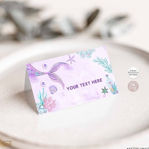 Sirène mauve modifiable 3,5 x 5,2 cm plié marque-places Buffet étiquette de nourriture carte de visite invité modèle de décoration d'anniversaire de sirène Téléchargement immédiat 1329V2