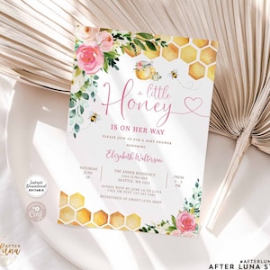 Bewerkbare Hot Pink Floral Een beetje honingbij Baby Shower Uitnodiging Bee Baby Sprinkle nodigt afdrukbare sjabloon Instant Download 841V1 (3)