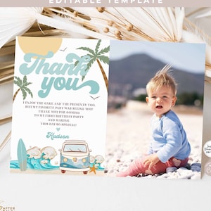 Tarjeta de agradecimiento editable con foto de surfista para niño, tarjeta de agradecimiento imprimible digital con foto de surfista, plantilla de tarjeta de agradecimiento de cumpleaños para surfear, descarga instantánea 661K3