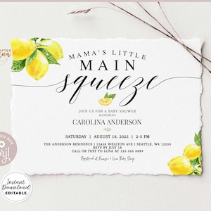 Bearbeitbare Mama&#39;s Main Squeeze Lemon Baby Shower Einladung Gender Neutral Citrus Baby Sprinkle Brunch Invite Vorlage Sofortiger Download 290BB